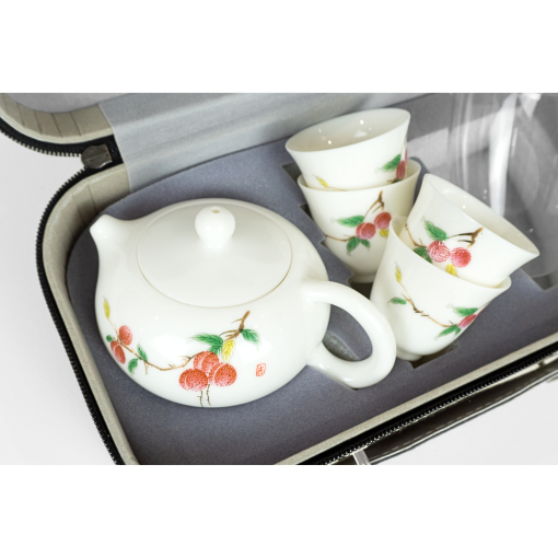 Tea Ceremony Set, Porcelain, Lychee Design, Carrying Case - Image 3