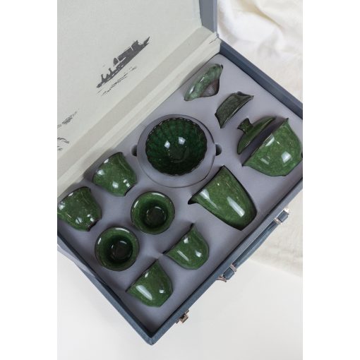 Tea Ceremony Set, Green Ice Glaze Porcelain, Carrying Case - Image 2