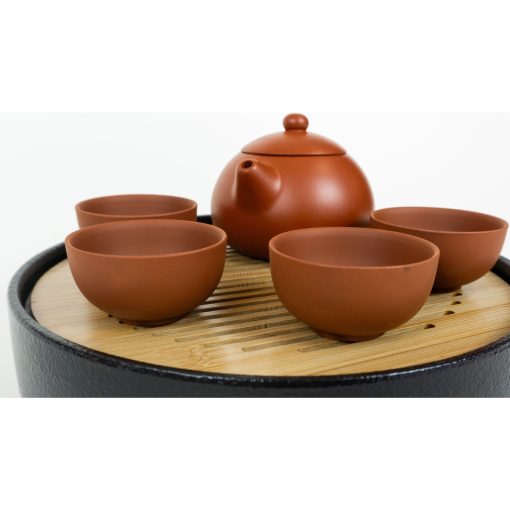 Tea Ceremony Set, Yixing Reddish Brown Domed Teapot Lid, 4 Cups - Image 3